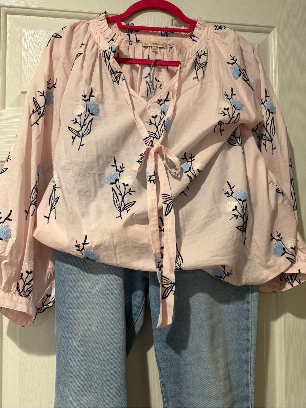 Camicettasnob Pink Embroidered Floral Cotton Blouse Size 48 (US Large)